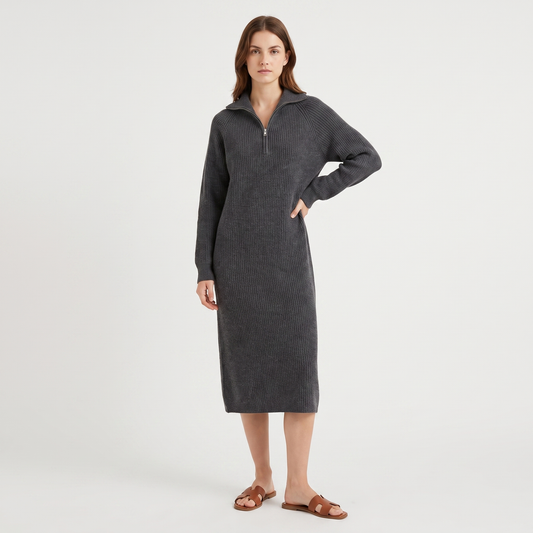Women's Half-Zip Ribbed Knit Midi Long-Sleeve Polo Neck Sweater Dress Edenforth