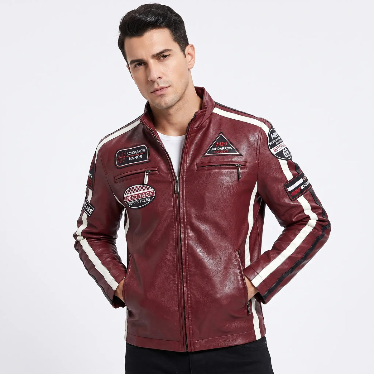 Men's Racing Patch Faux Leather Biker Jacket Zip-Up Stripe Moto Fall Coat Edenforth
