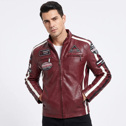 Men's Racing Patch Faux Leather Biker Jacket Zip-Up Stripe Moto Fall Coat Edenforth