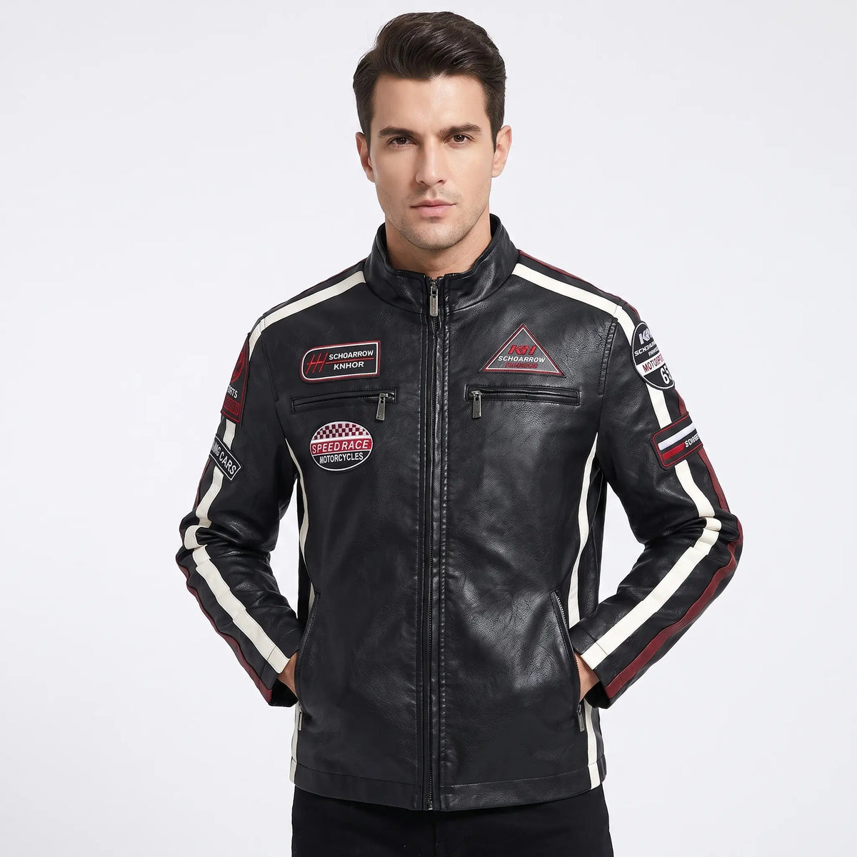Men's Racing Patch Faux Leather Biker Jacket Zip-Up Stripe Moto Fall Coat Edenforth