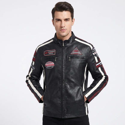 Men's Racing Patch Faux Leather Biker Jacket Zip-Up Stripe Moto Fall Coat Edenforth