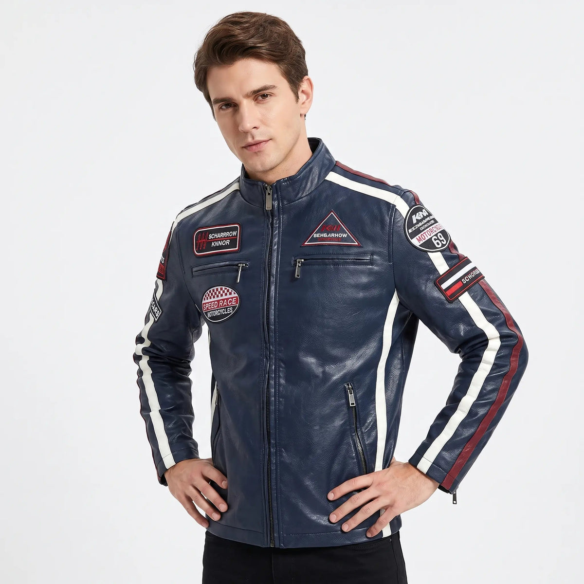 Men's Racing Patch Faux Leather Biker Jacket Zip-Up Stripe Moto Fall Coat Edenforth