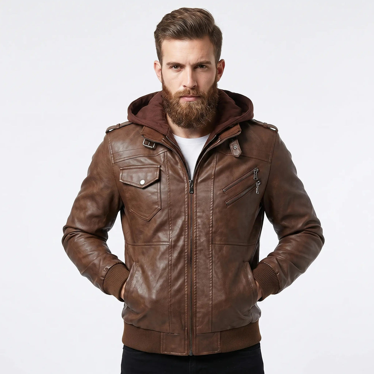 Men's Faux Leather Bomber Jacket Removable Hood Multi Pocket Zip-Up Coat Edenforth