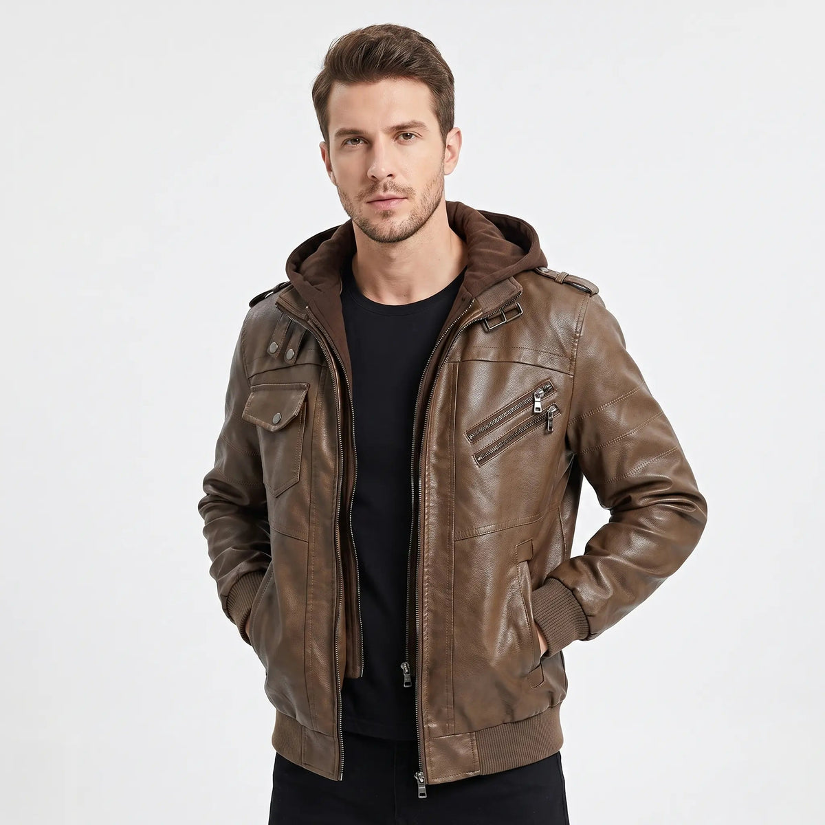 Men's Faux Leather Bomber Jacket Removable Hood Multi Pocket Zip-Up Coat Edenforth