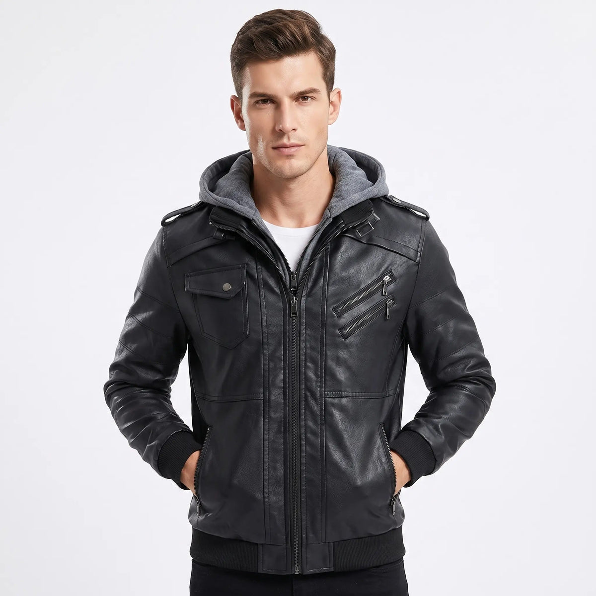 Men's Faux Leather Bomber Jacket Removable Hood Multi Pocket Zip-Up Coat Edenforth