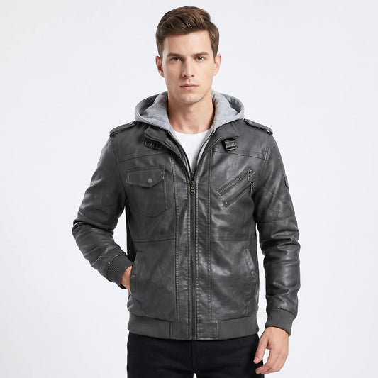 Men's Faux Leather Bomber Jacket Removable Hood Multi Pocket Zip-Up Coat Edenforth