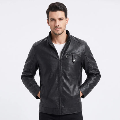 Men's Faux Leather Jacket Sherpa Fleece Lined Stand Collar Zip-Up Coat Edenforth