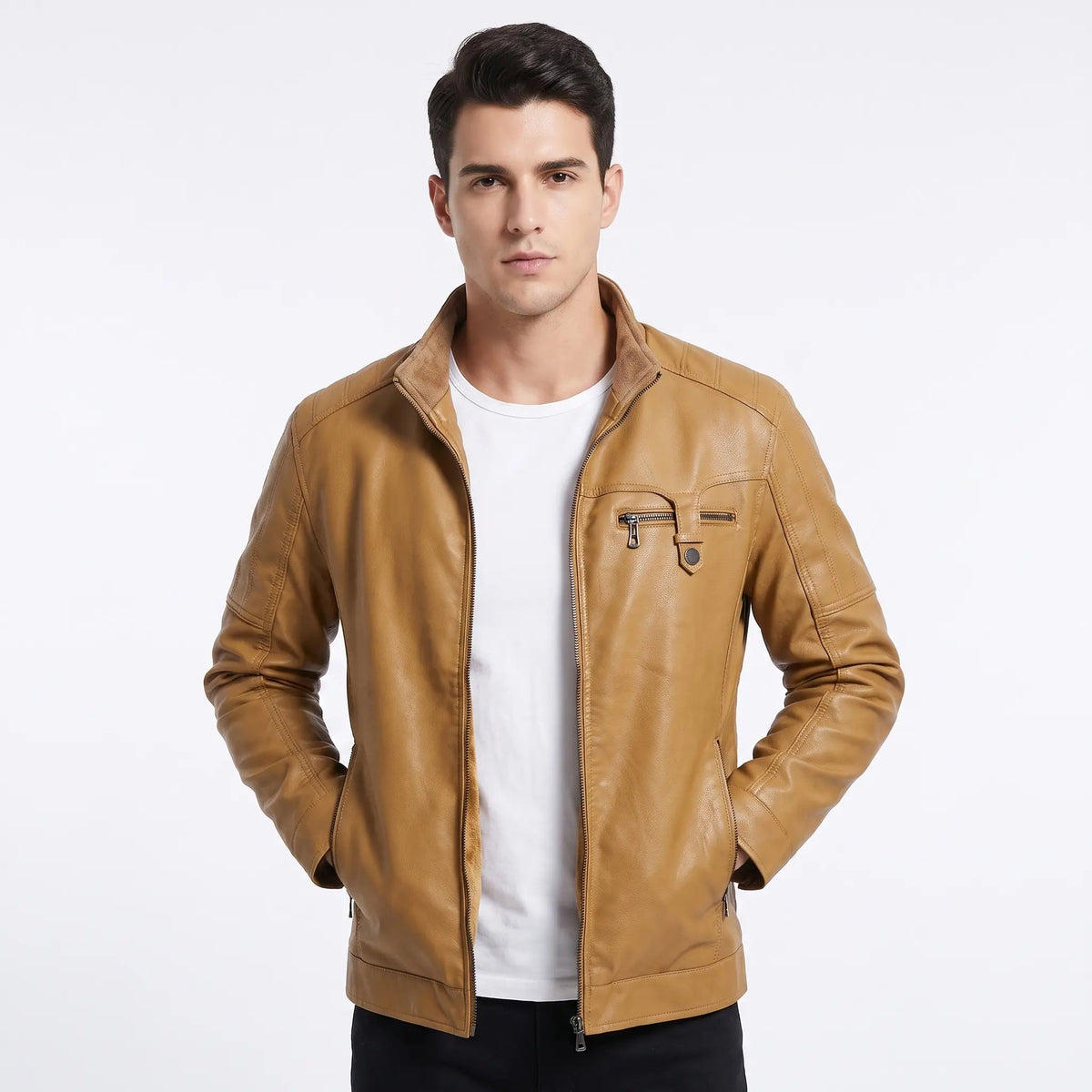 Men's Faux Leather Jacket Sherpa Fleece Lined Stand Collar Zip-Up Coat Edenforth
