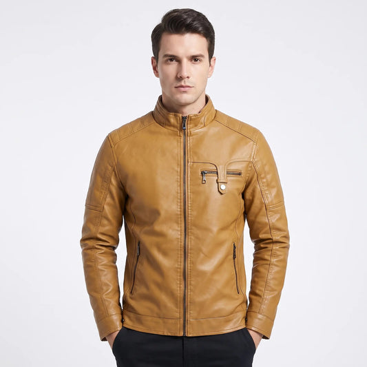Men's Faux Leather Jacket Sherpa Fleece Lined Stand Collar Zip-Up Coat Edenforth
