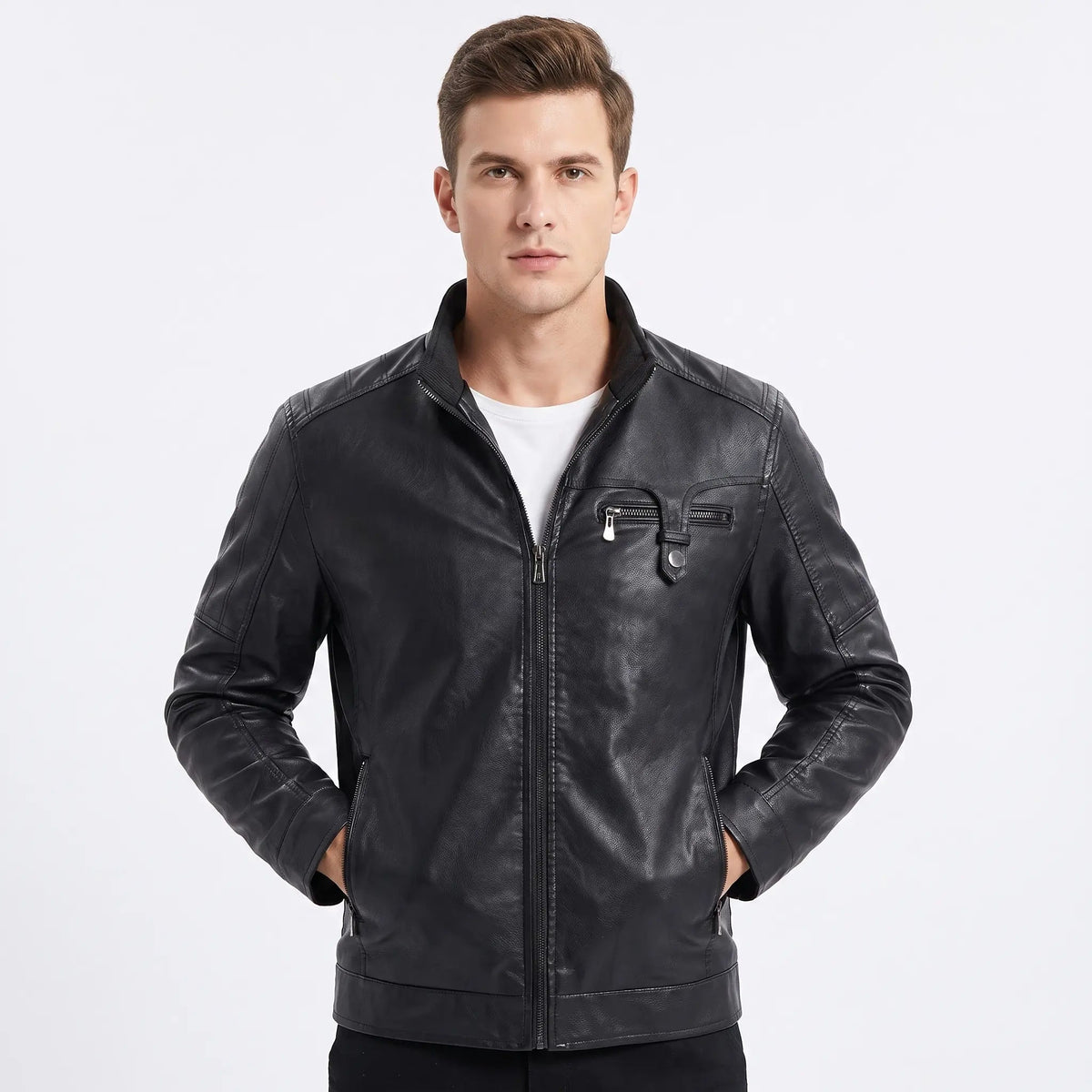 Men's Faux Leather Jacket Sherpa Fleece Lined Stand Collar Zip-Up Coat Edenforth