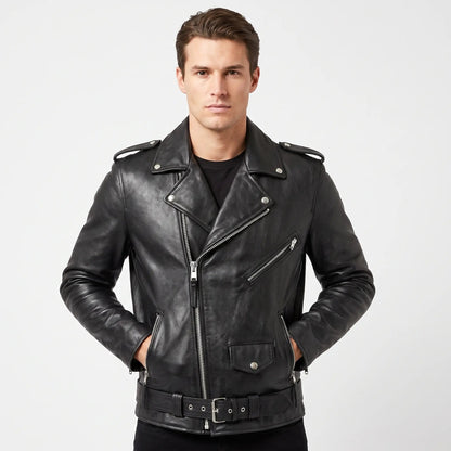 Men's Leather Biker Fall Jacket Slim-Fit Moto Style with Silver Hardware Edenforth
