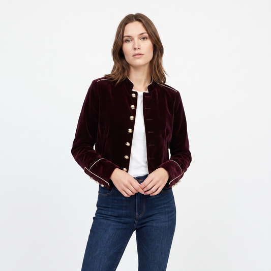 Women's Velvet Military Jacket Band Collar Gold Button Cropped Blazer Edenforth