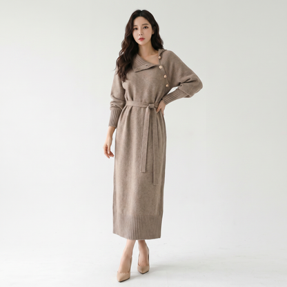 Women's Knit Sweater Midi Winter Dress Belted Asymmetric Collar Long-Sleeve Edenforth