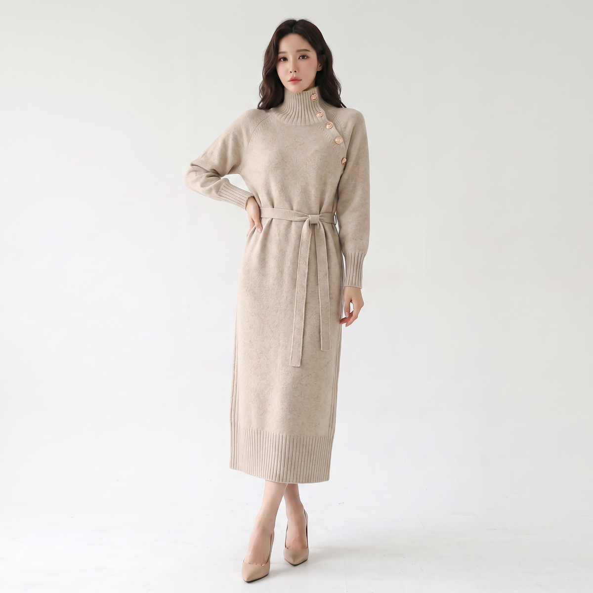 Women's Knit Sweater Midi Winter Dress Belted Asymmetric Collar Long-Sleeve Edenforth