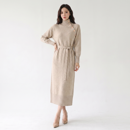 Women's Knit Sweater Midi Winter Dress Belted Asymmetric Collar Long-Sleeve Edenforth