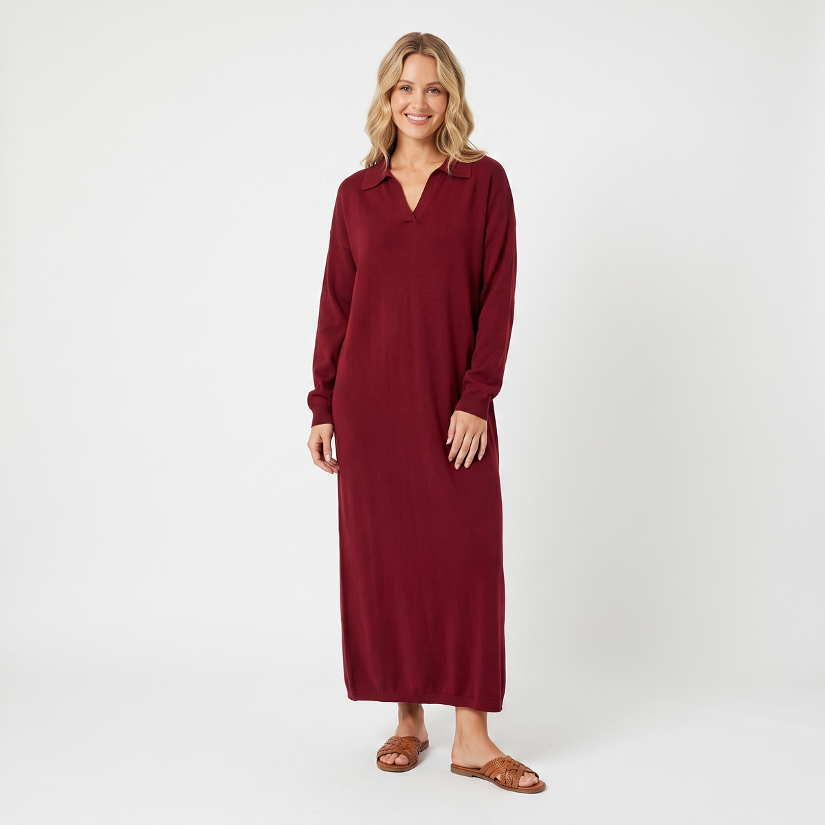 Women's Knit Polo Collar Maxi Long-Sleeve Relaxed-Fit Sweater Winter Dress Edenforth