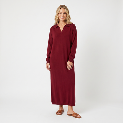 Women's Knit Polo Collar Maxi Long-Sleeve Relaxed-Fit Sweater Winter Dress Edenforth