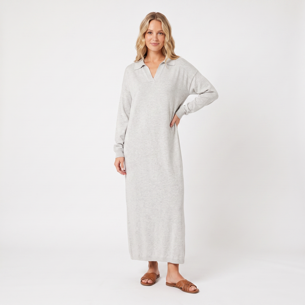 Women's Knit Polo Collar Maxi Long-Sleeve Relaxed-Fit Sweater Winter Dress Edenforth