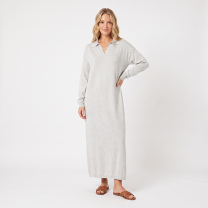 Women's Knit Polo Collar Maxi Long-Sleeve Relaxed-Fit Sweater Winter Dress Edenforth