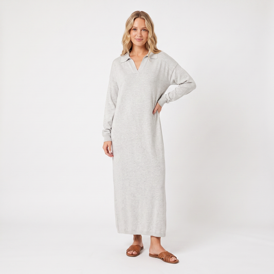 Women's Knit Polo Collar Maxi Long-Sleeve Relaxed-Fit Sweater Winter Dress Edenforth