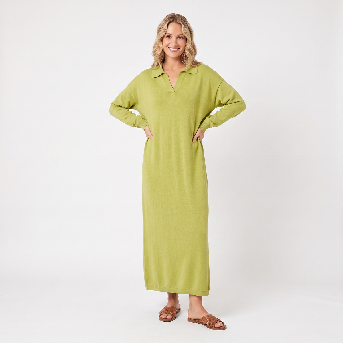 Women's Knit Polo Collar Maxi Long-Sleeve Relaxed-Fit Sweater Winter Dress Edenforth