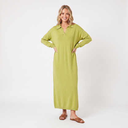 Women's Knit Polo Collar Maxi Long-Sleeve Relaxed-Fit Sweater Winter Dress Edenforth