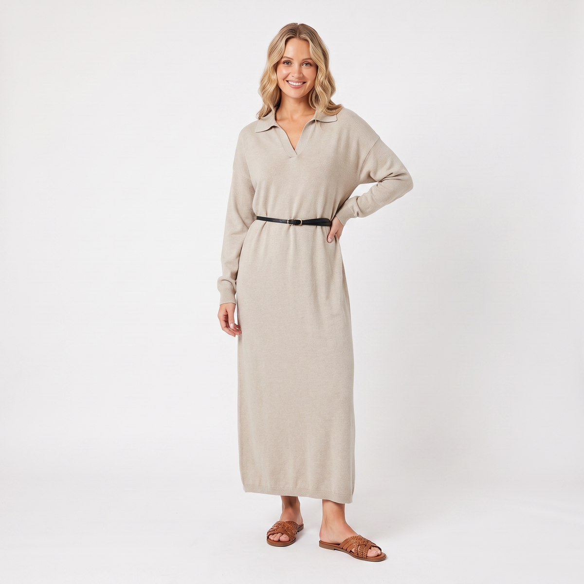 Women's Knit Polo Collar Maxi Long-Sleeve Relaxed-Fit Sweater Winter Dress Edenforth
