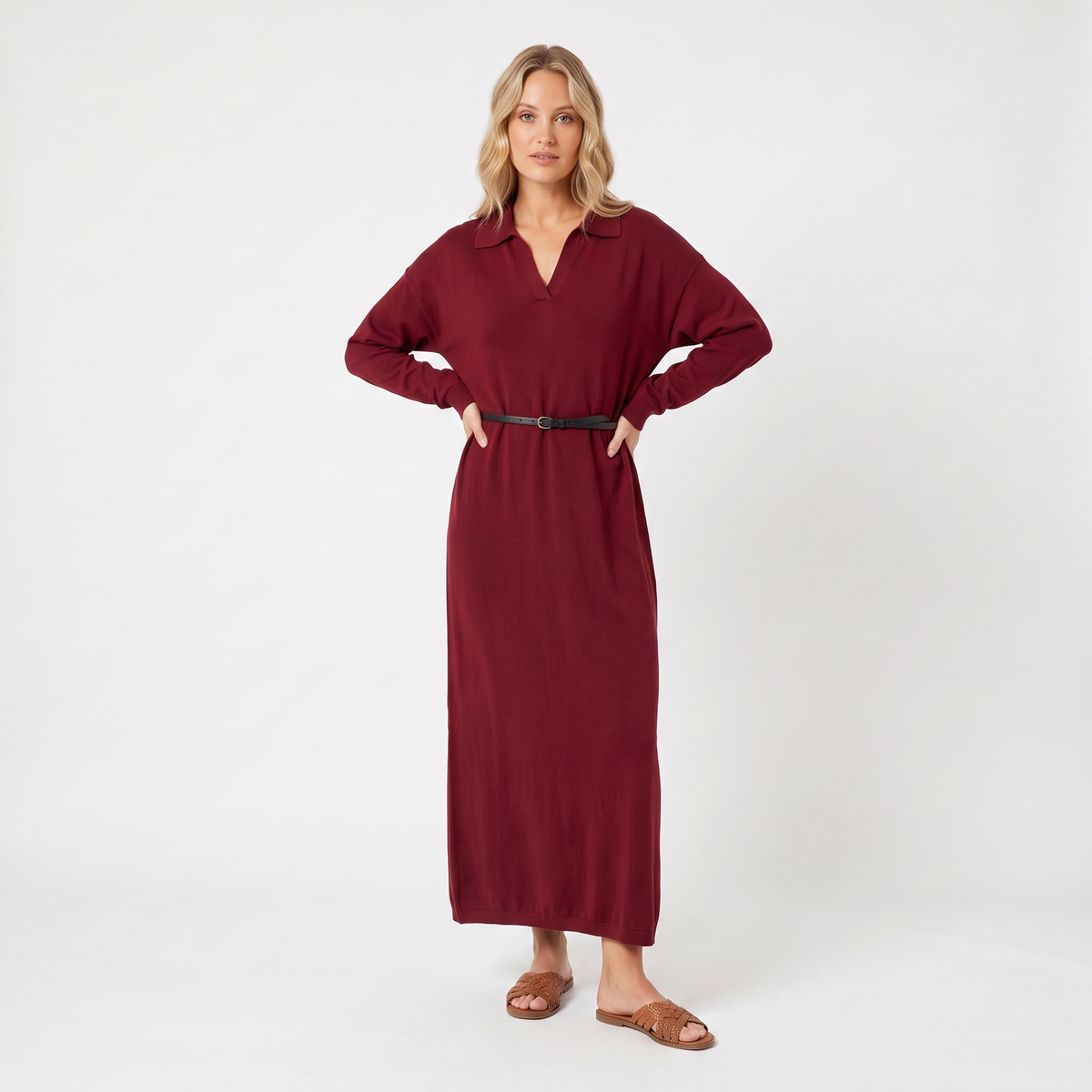 Women's Knit Polo Collar Maxi Long-Sleeve Relaxed-Fit Sweater Winter Dress Edenforth