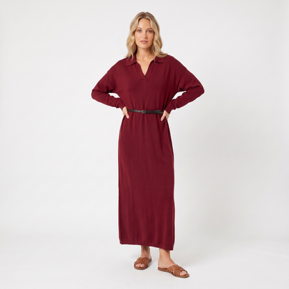 Women's Knit Polo Collar Maxi Long-Sleeve Relaxed-Fit Sweater Winter Dress Edenforth