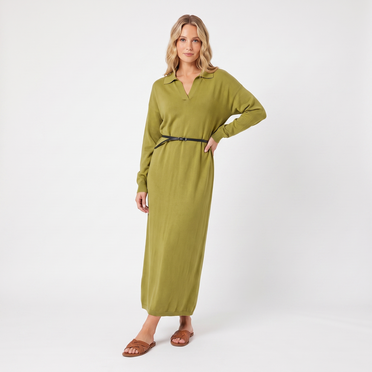 Women's Knit Polo Collar Maxi Long-Sleeve Relaxed-Fit Sweater Winter Dress Edenforth