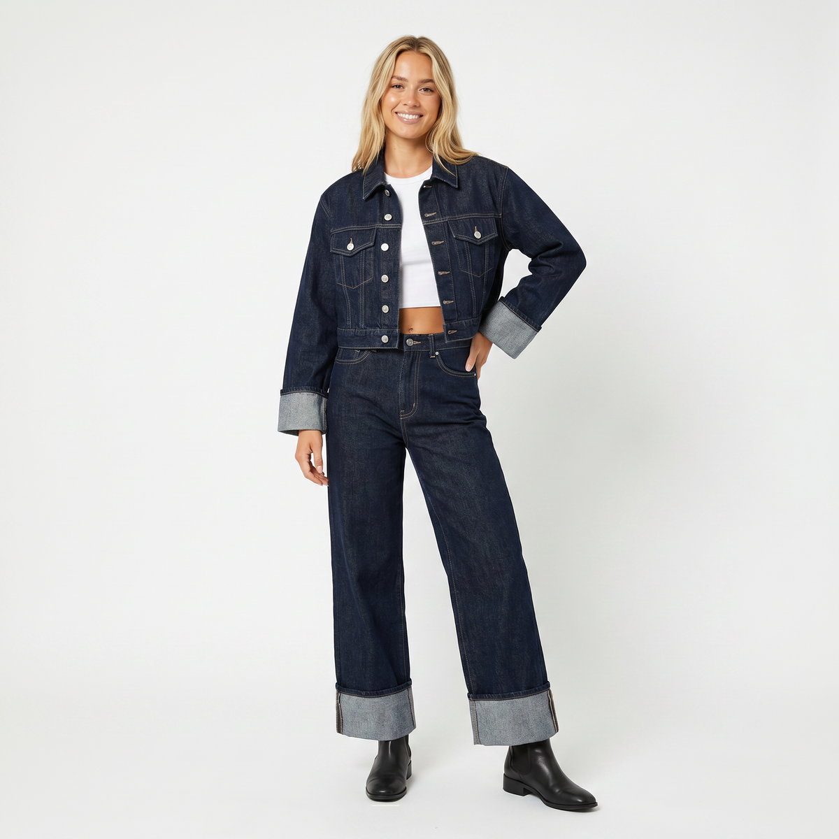 Women's Denim Jacket and Wide-Leg Jeans Fall Set Cropped Two-Piece Outfit Edenforth