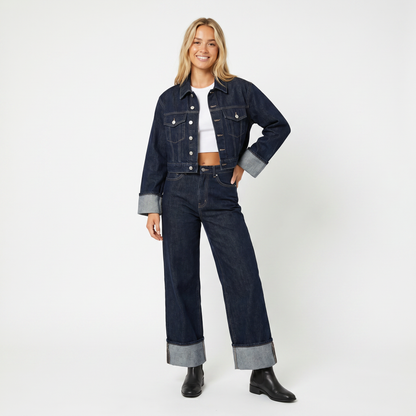 Women's Denim Jacket and Wide-Leg Jeans Fall Set Cropped Two-Piece Outfit Edenforth