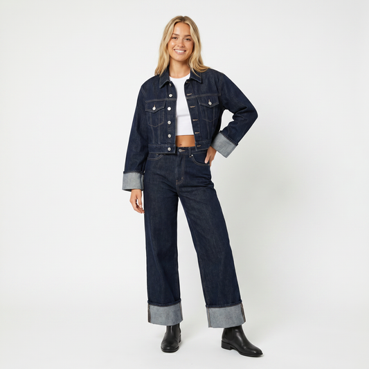 Women's Denim Jacket and Wide-Leg Jeans Fall Set Cropped Two-Piece Outfit Edenforth