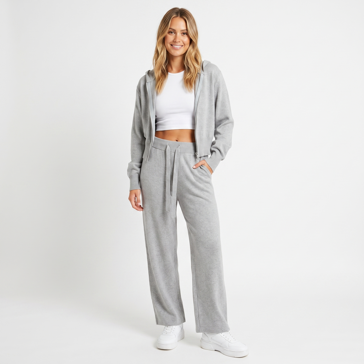 Women's Knit Two-Piece Set Zip-Up Jacket Wide-Leg Winter Pants Loungewear Edenforth