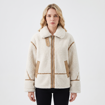 Women's Teddy Fleece Jacket Faux Shearling Zip-Up Winter Coat With Trim Edenforth
