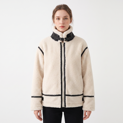 Women's Teddy Fleece Jacket Faux Shearling Zip-Up Winter Coat With Trim Edenforth