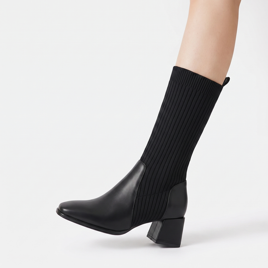Women's Knee-High Sock Winter Boots Block Heel Ribbed Knit Pointed Toe Edenforth