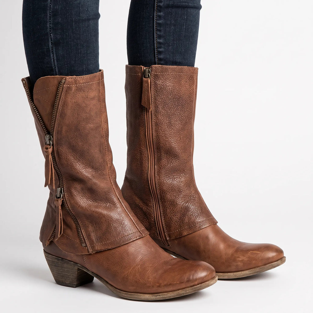 Women's Leather Mid Calf Zip Front Block Heel Vintage Boots Edenforth