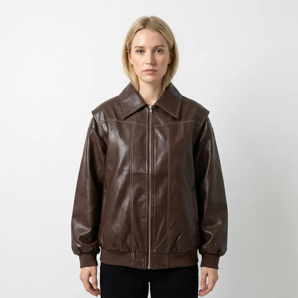 Women's Faux Leather Fall Jacket Oversized Zip-Up Ribbed Cuff Edenforth
