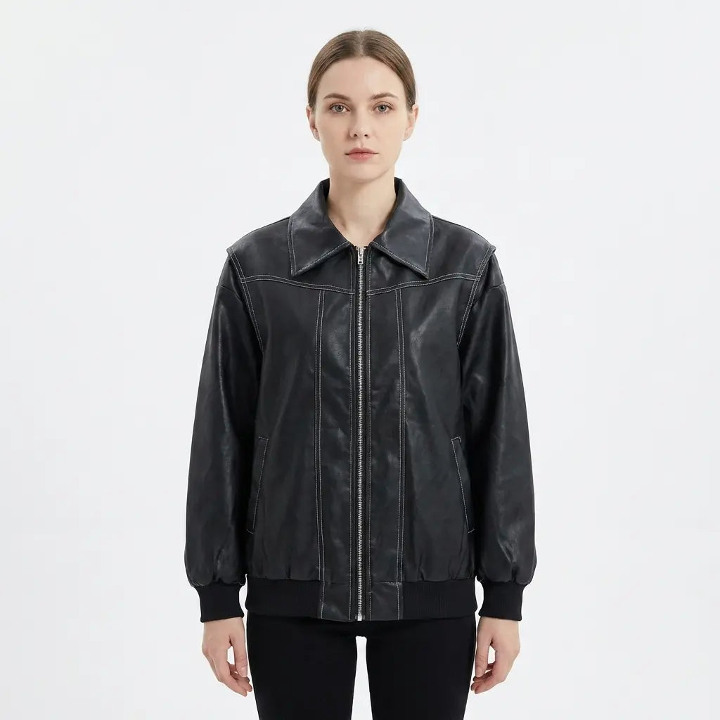 Women's Faux Leather Fall Jacket Oversized Zip-Up Ribbed Cuff Edenforth