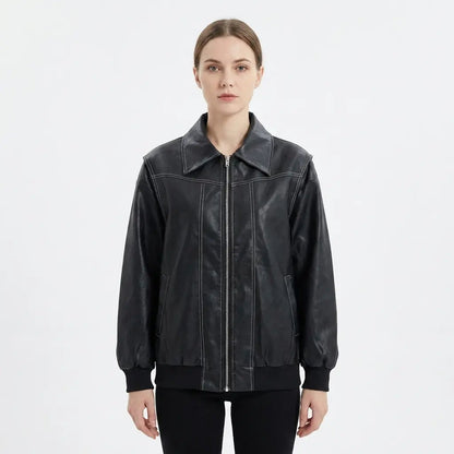 Women's Faux Leather Fall Jacket Oversized Zip-Up Ribbed Cuff Edenforth