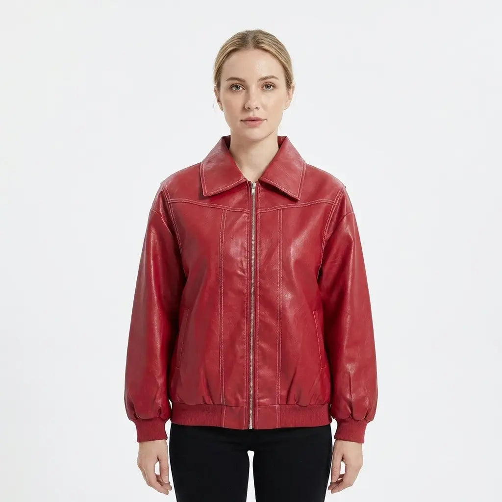 Women's Faux Leather Fall Jacket Oversized Zip-Up Ribbed Cuff Edenforth