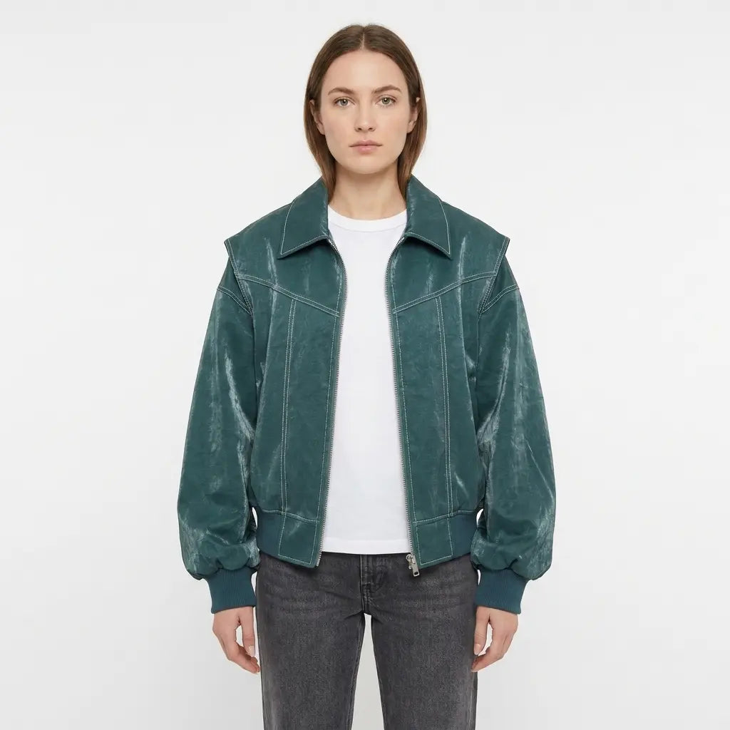 Women's Faux Leather Fall Jacket Oversized Zip-Up Ribbed Cuff Edenforth