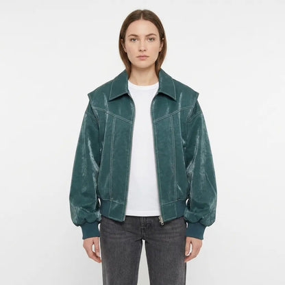 Women's Faux Leather Fall Jacket Oversized Zip-Up Ribbed Cuff Edenforth
