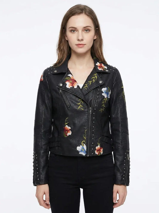Women's Faux Leather Moto Fall Jacket Floral Embroidered Studded Edenforth