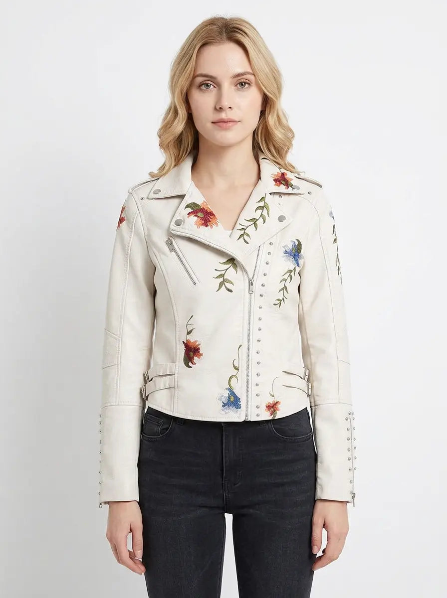 Women's Faux Leather Moto Fall Jacket Floral Embroidered Studded Edenforth