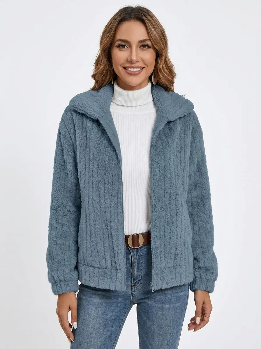 Women's Fleece Jacket Textured Collared Zip-Up Oversized Winter Coat Edenforth