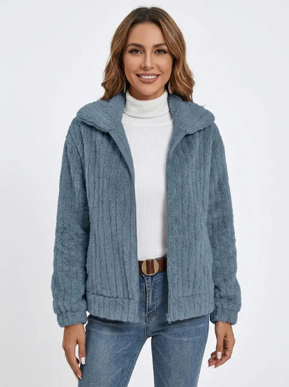 Women's Fleece Jacket Textured Collared Zip-Up Oversized Winter Coat Edenforth