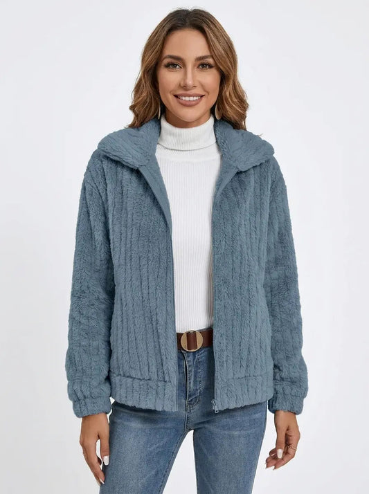Women's Fleece Jacket Textured Collared Zip-Up Oversized Winter Coat Edenforth