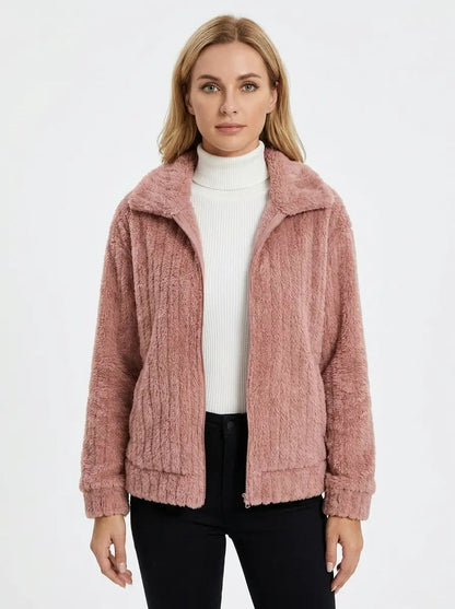 Women's Fleece Jacket Textured Collared Zip-Up Oversized Winter Coat Edenforth